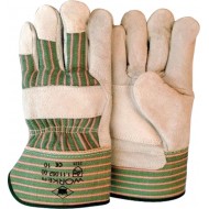 Rundsplitlederen handschoen met palmversterking en groen gestreept doek Maten 10 