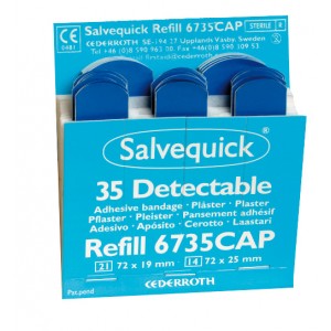 Salvequick Blue Detectable pleisters (6735CAP), 35 steriele pleisters (21 st. 72 x 19 mm en 14 st. 72 x 25 mm), à 6 navullingen   