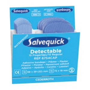 Salvequick Blue Detectable Fingertip (6754CAP), 30 ster. pleisters (15 st. 63 x 39 (22) mm, 15 st. 72 x 19 mm), à 6 navullingen   